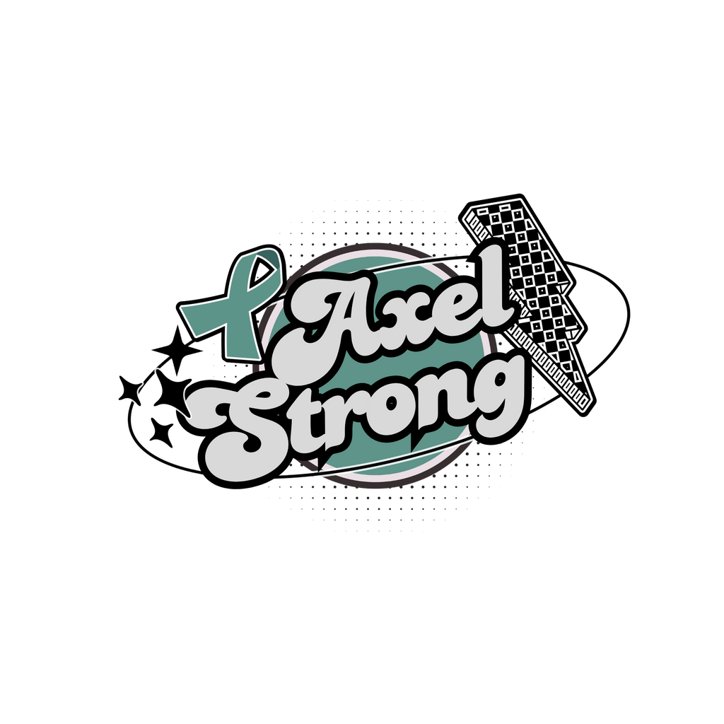 A stylized graphic reading 'Axel Strong' with a teal awareness ribbon, black-and-white checkerboard racing flag, stars, and a dotted oval on a white background.