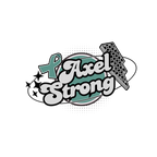 A stylized graphic reading 'Axel Strong' with a teal awareness ribbon, black-and-white checkerboard racing flag, stars, and a dotted oval on a white background.