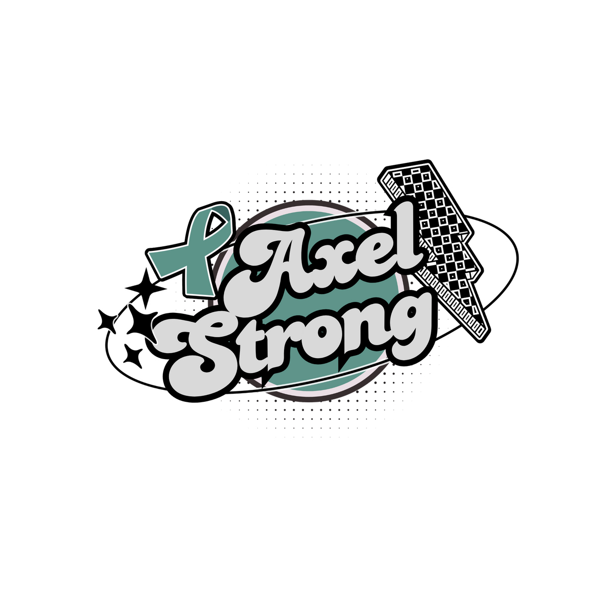A stylized graphic reading 'Axel Strong' with a teal awareness ribbon, black-and-white checkerboard racing flag, stars, and a dotted oval on a white background.