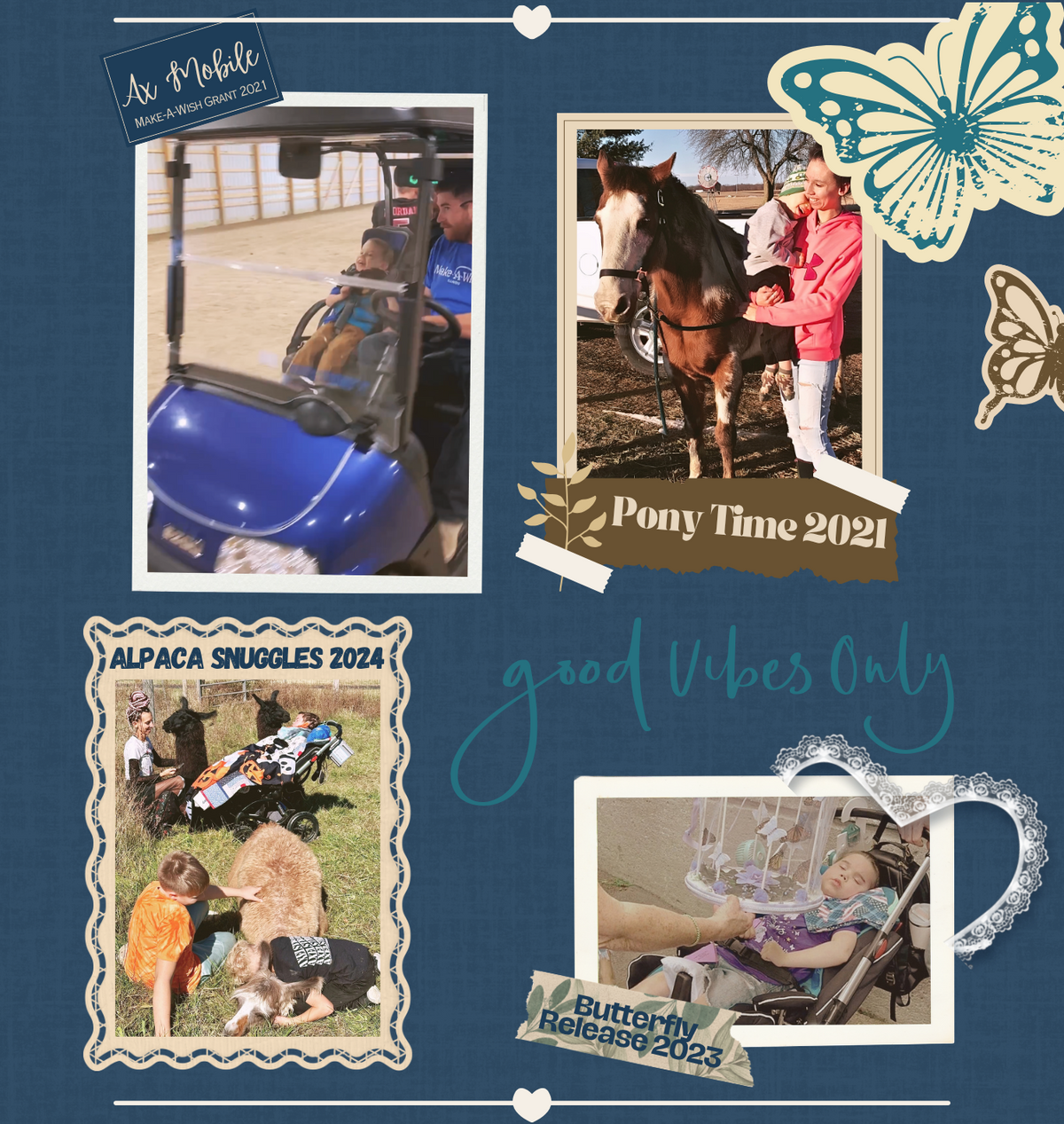A digital preview of a scrapbook invitation template titled 'Shakespeare's Best & Bester'. The design features a dark teal-blue background with vintage-style illustrations, including a large butterfly on the right, a floral frame at the top, and multiple placeholder photo inserts showing children in historical and outdoor settings.