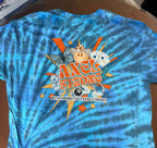 A blue and teal tie-dye t-shirt with a large graphic on the back featuring the text 'AXELSTRONG' and 'METACHROMATIC LEUKODYSTROPHY' with various mental health icons. 