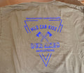 A dark gray crewneck t-shirt laid flat, showing the back side with a blue graphic print that reads 'Mild Can Kiss Our Axes' and 'Axelstrong'. 