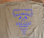 A dark gray crewneck t-shirt laid flat, showing the back side with a blue graphic print that reads 'Mild Can Kiss Our Axes' and 'Axelstrong'. 