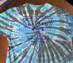 A blue and gray tie-dye t-shirt with a custom graphic print in dark blue on the front. The graphic features crossed axes and the text 'MLD CAN KISS OUR AXES #AXELSTRONG'.