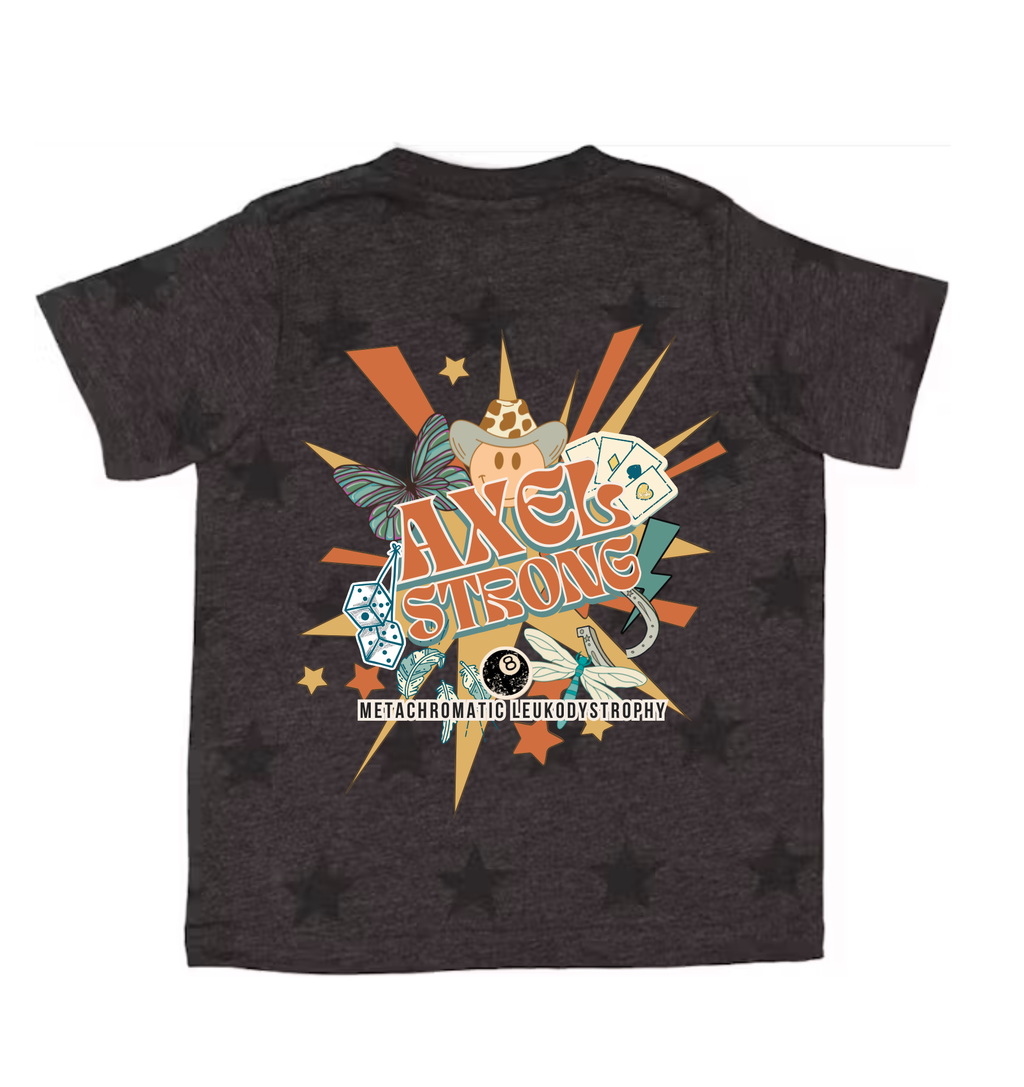 A dark heather gray t-shirt shown from the back, featuring a large retro-style graphic with the words 'ANGEL STRONG' in orange and teal, surrounded by playing cards, dice, butterflies, and star accents.