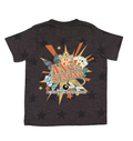 A dark heather gray t-shirt shown from the back, featuring a large retro-style graphic with the words 'ANGEL STRONG' in orange and teal, surrounded by playing cards, dice, butterflies, and star accents.