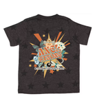 A dark heather gray t-shirt shown from the back, featuring a large retro-style graphic with the words 'ANGEL STRONG' in orange and teal, surrounded by playing cards, dice, butterflies, and star accents.