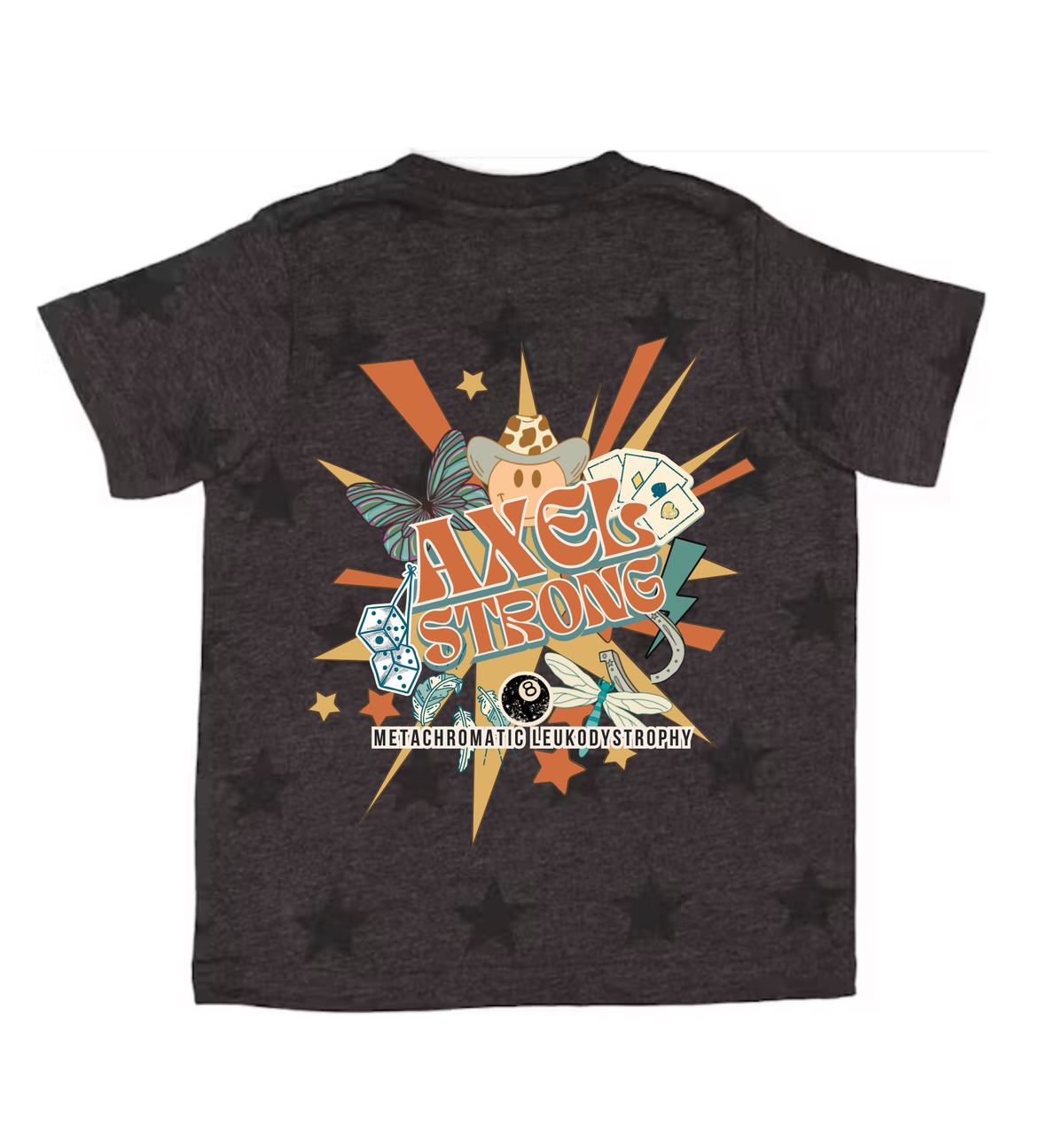 A dark heather gray t-shirt shown from the back, featuring a large retro-style graphic with the words 'ANGEL STRONG' in orange and teal, surrounded by playing cards, dice, butterflies, and star accents.