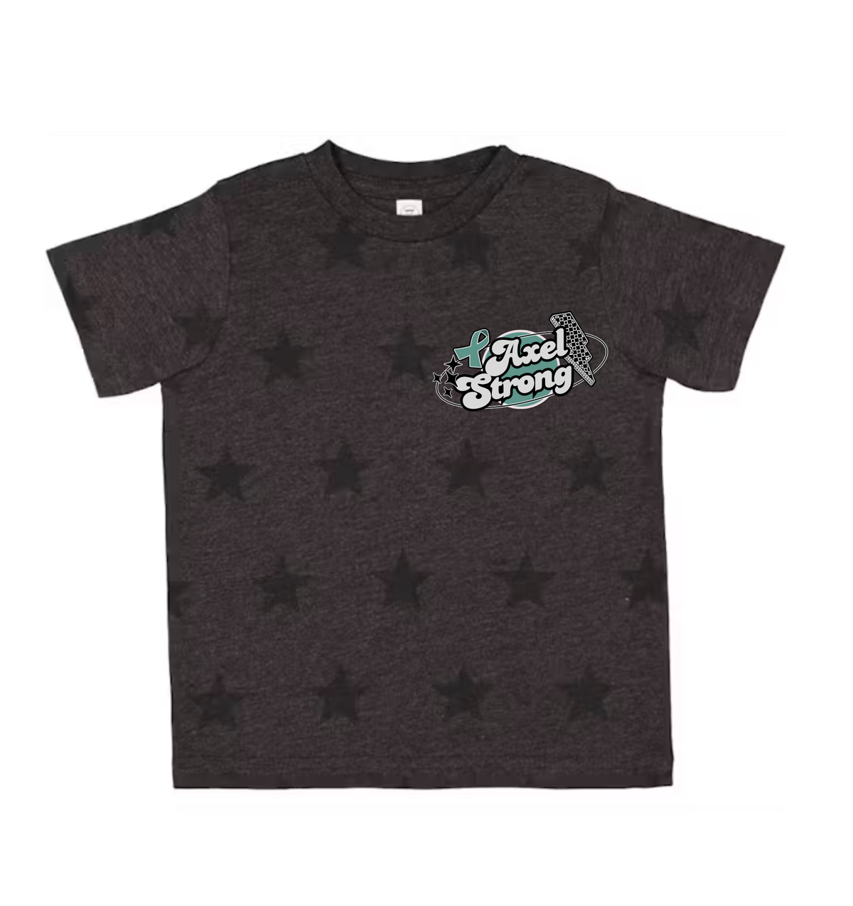 A dark heather gray short-sleeve t-shirt with an all-over black star pattern and a 'Feel Strong' graphic on the left chest, displayed flat against a white background.